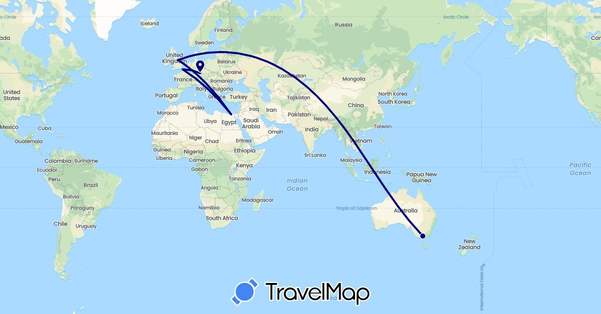 TravelMap itinerary: driving in Australia, Germany, Egypt, France, United Kingdom (Africa, Europe, Oceania)